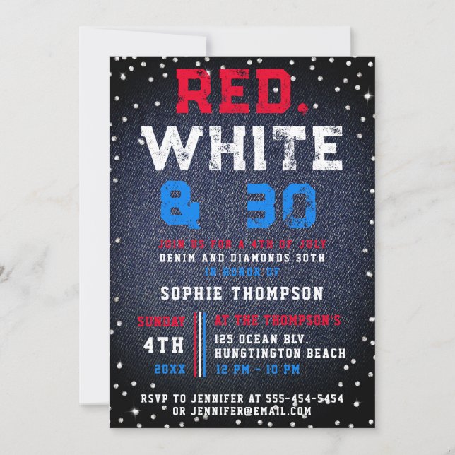 Invitación Denim Diamonds Blanco Rojo 4 de Julio 30 Cumpleaño (Anverso)