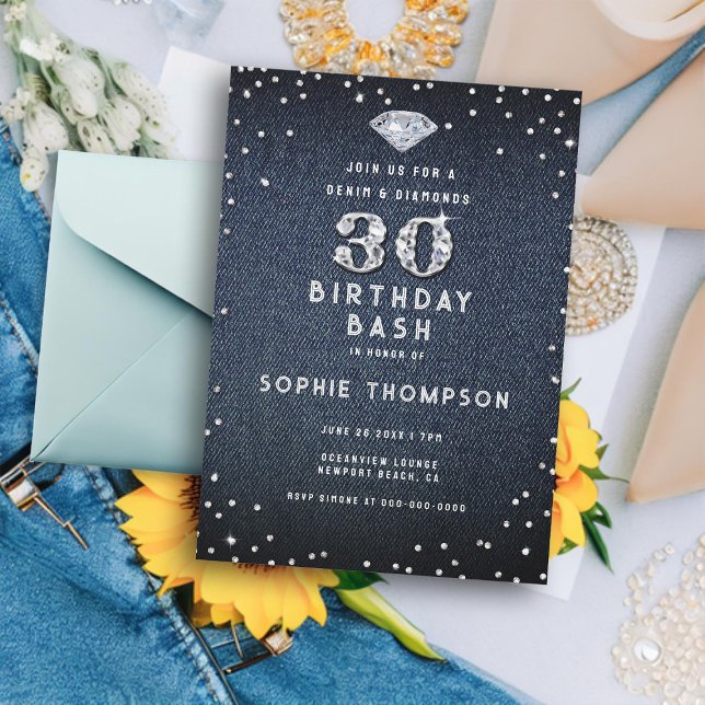 Invitación Denim Diamonds Bling 30th Birthday Fiesta (denim and diamonds 30th birthday party invitation for women elegant modern simple classy minimalist)