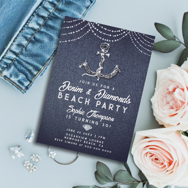 Invitación Denim Diamonds Bling Anchor Beach Birday Party (denim and diamonds 30th birthday party invitation for women elegant bling boat anchor beach classy)