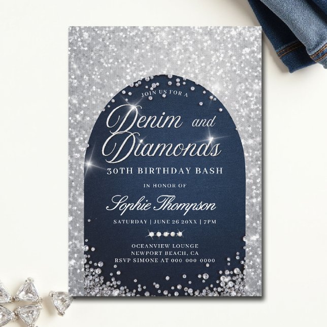 Invitación Denim Diamonds Bling Arch 30 cumpleaños Fiesta (denim and diamonds theme party invitations 30th 50th sweet 16 elegant classy blue white bling )