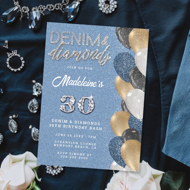 Invitación Denim Diamonds Bling Balloons Arch Fiesta de Cumpl (denim and diamonds 30th birthday party invitation for women balloons arch elegant classy chic gold)