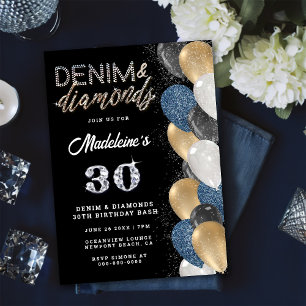 Invitación Denim Diamonds Bling Balloons Black Birday Party