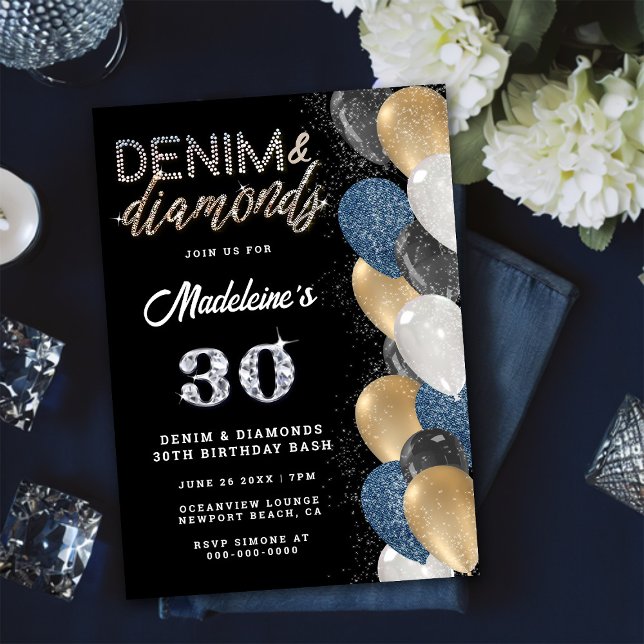 Invitación Denim Diamonds Bling Balloons Black Birday Party (Subido por el creador)