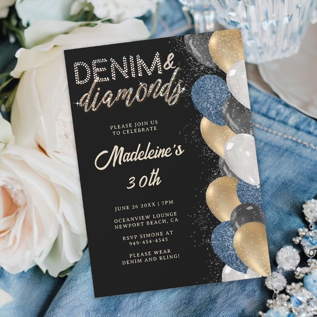 Invitación Denim Diamonds Bling Balones Negro 30 cumpleaños (denim and diamonds 30th birthday party invitation women balloons arch black gold elegant classy)