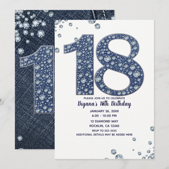 Invitación Denim & Diamonds Bling Brillo 18 Cumpleaños 18 (Anverso / Reverso)