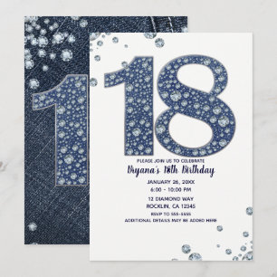 Invitación Denim & Diamonds Bling Brillo 18 Cumpleaños 18