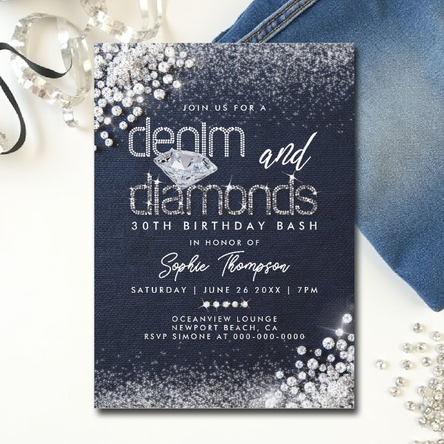 Invitación Denim Diamonds Bling Classy 30 Fiesta de cumpleaño (denim and diamonds party invitations 30th 50th sweet 16 elegant classy blue white bling template)