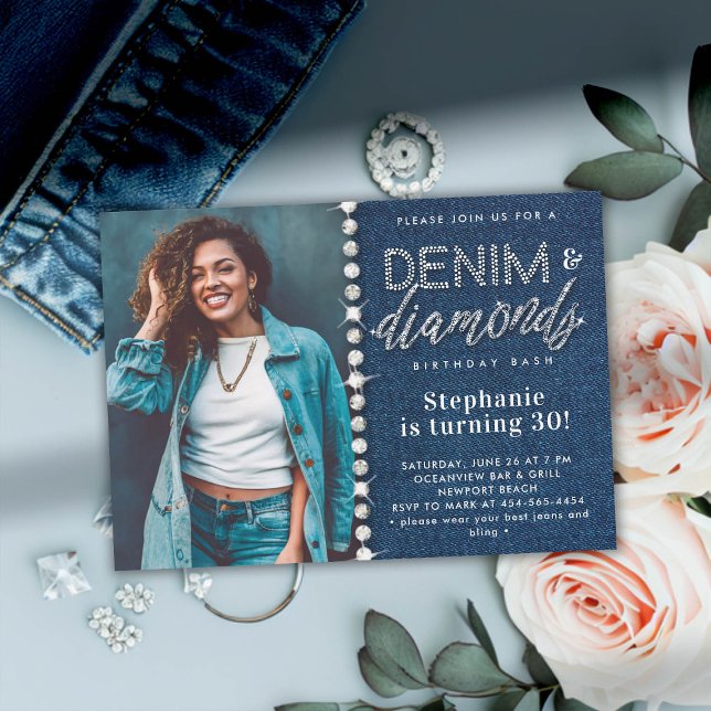 Invitación Denim Diamonds Bling Classy Foto 30 cumpleaños (denim and diamonds party 30th birthday invitation for women blue white photo classy bling glitz chic)