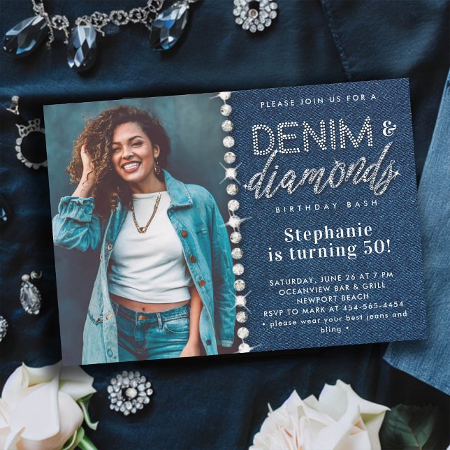 Invitación Denim Diamonds Bling Classy Foto 50 cumpleaños (denim and diamonds party 50th birthday invitation for women blue white photo classy bling glitz glam)