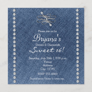 Invitación Denim Diamonds Bling Emblem Sweet 16
