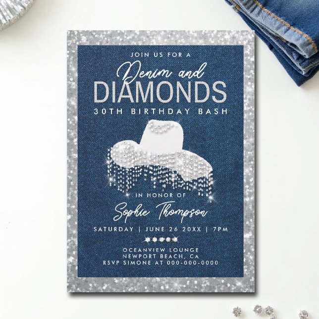 Invitación Denim Diamonds Bling Frame 30th Birthday Fiesta (denim and diamonds invitations 30th 50th sweet 16 elegant classy blue white bling frame template)