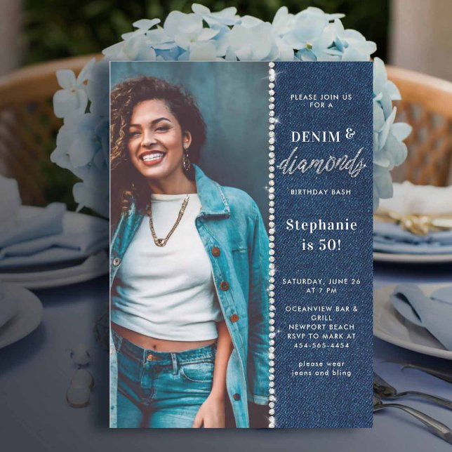 Invitación Denim Diamonds Bling Glitzy Foto 50 cumpleaños (denim and diamonds birthday party women 50th elegant classy glitzy photo template chic)