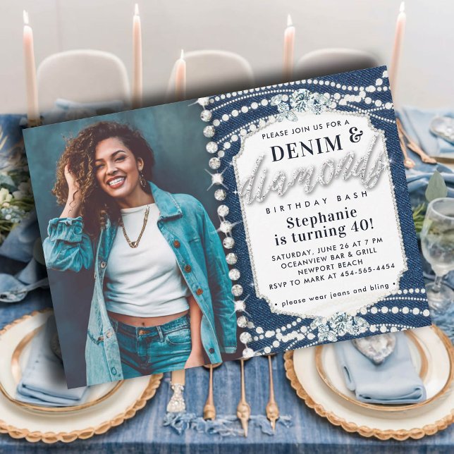 Invitación Denim Diamonds Bling Pearls Foto 40 cumpleaños (denim diamonds pearls 40th birthday invitation elegant classy bling glitz glam photo template modern)