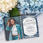 Invitación Denim Diamonds Bling Pearls Foto 50 cumpleaños<br><div class="desc">Un denim, diamantes y perlas, moderna, elegante y elegante plantilla de 50 cumpleaños para las mujeres, que pondrá su elegante y brillante pie hacia adelante. Presenta un fondo de denim, caligrafía y tipografía personalizado para las palabras "denim" y "diamantes", tipografía moderna en blanco, una cadena de diamantes de imitación con...</div>