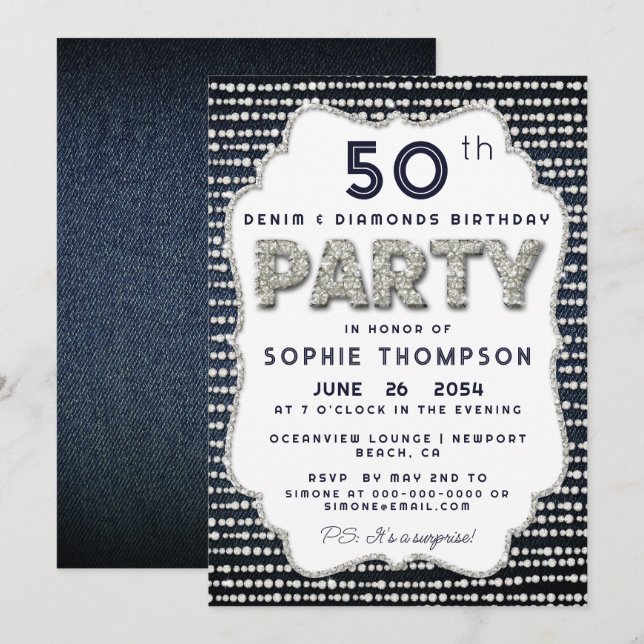 Invitación Denim Diamonds Bling Purpurina Frame Birday Party (Anverso / Reverso)