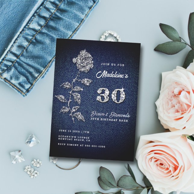 Invitación Denim Diamonds Bling Rosa 30 cumpleaños Fiesta (elegant denim and diamonds 30th birthday party invitation for women bling rose classy romantic boho)