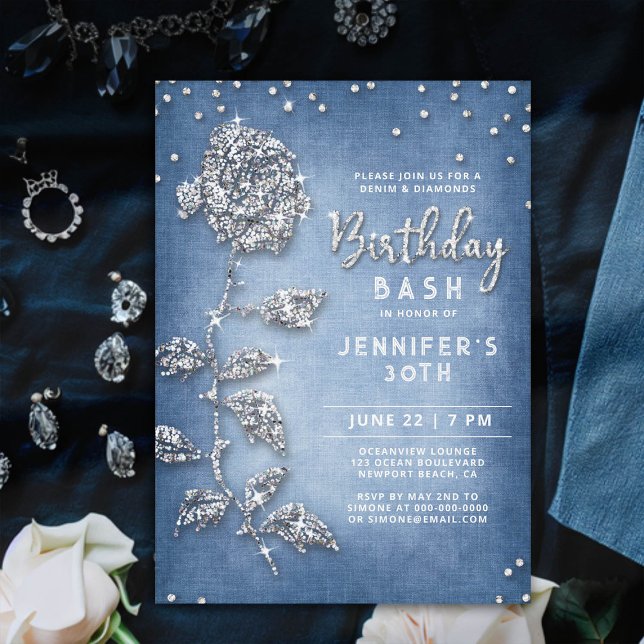 Invitación Denim Diamonds Bling Rosa Azul Blanco 30 cumpleaño (denim and diamonds birthday invitation 30th women bling rose rhinestones glitter glitz glam classy)