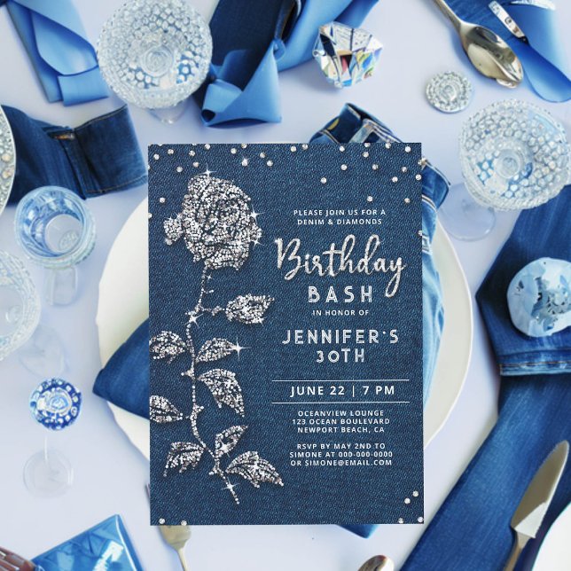 Invitación Denim Diamonds Bling Rosa Blue Jeans 30 cumpleaños (denim and diamonds birthday invitation 30th women bling rose rhinestones glitter glitz glam chic)