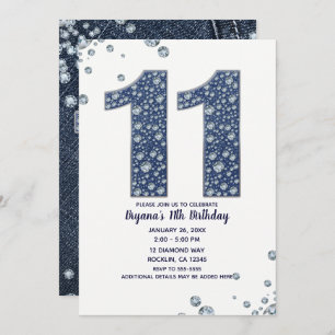 Invitación Denim & Diamonds Bling Sparkle 11 cumpleaños