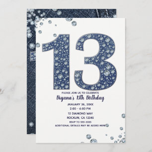Invitación Denim & Diamonds Bling Sparkle 13 cumpleaños