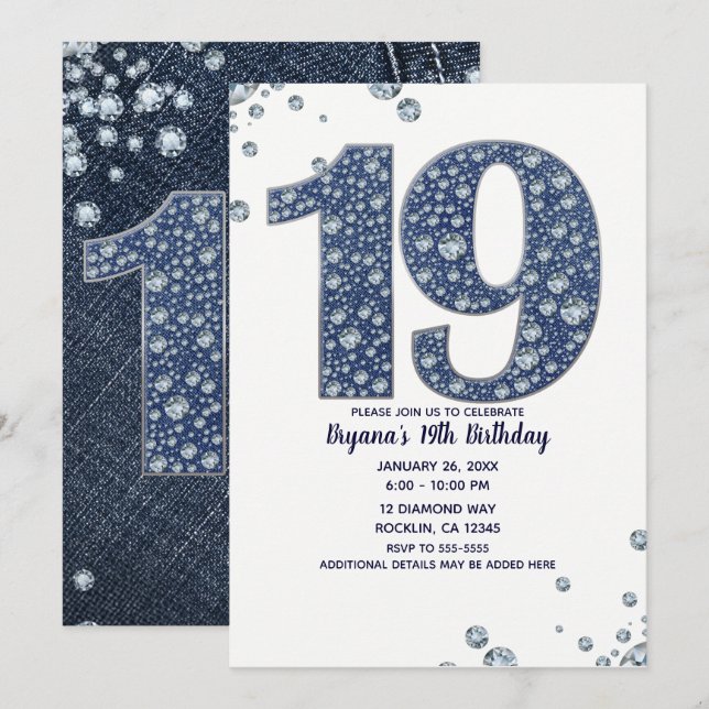 Invitación Denim & Diamonds Bling Sparkle 19TH 19 Cumpleaños (Anverso / Reverso)