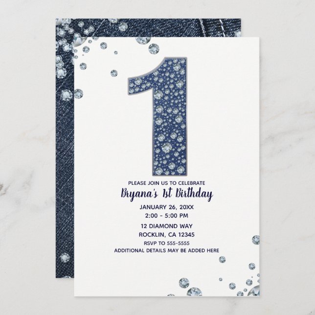 Invitación Denim & Diamonds Bling Sparkle 1er cumpleaños 1UNO (Anverso / Reverso)