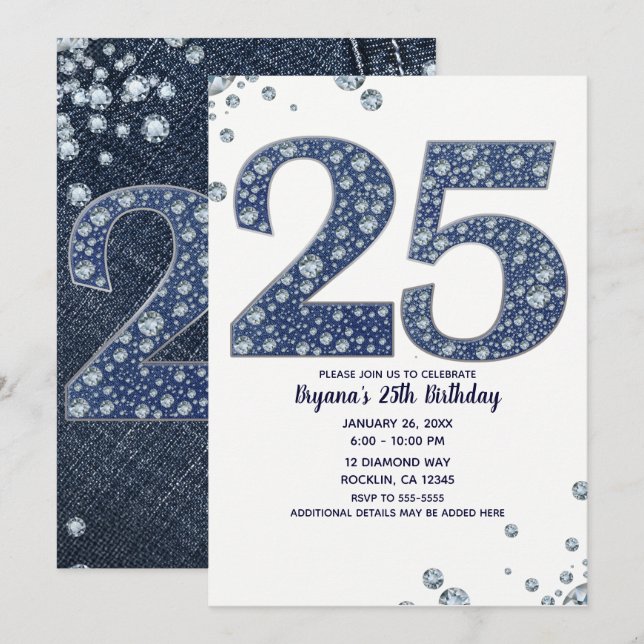 Invitación Denim & Diamonds Bling Sparkle 25 Cumpleaños 25 (Anverso / Reverso)