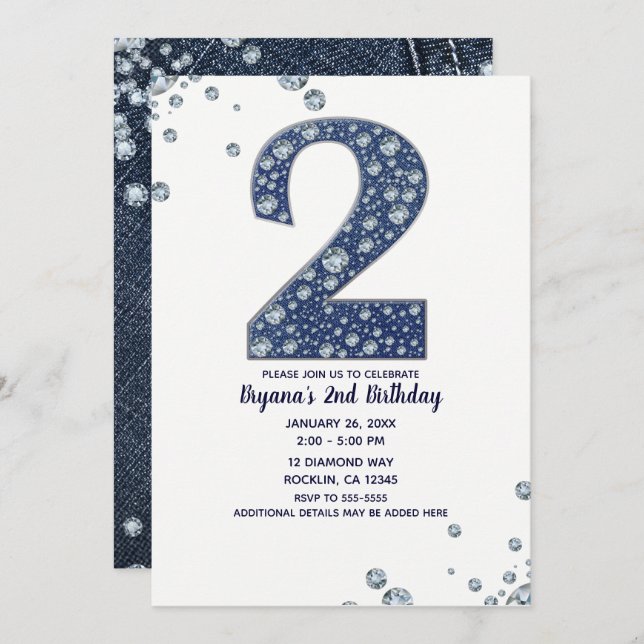 Invitación Denim & Diamonds Bling Sparkle 2nd Birthday 2 DOS (Anverso / Reverso)