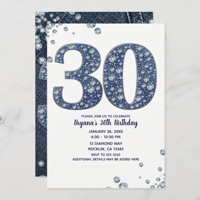 Invitación Denim & Diamonds Bling Sparkle 30TH 30 Birthday (Anverso / Reverso)