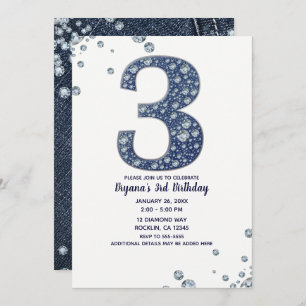 Invitación Denim & Diamonds Bling Sparkle 3 cumpleaños