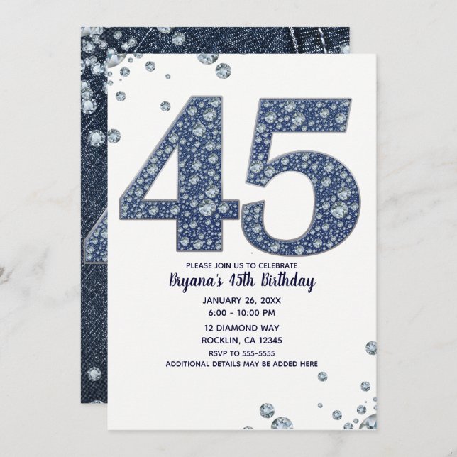 Invitación Denim & Diamonds Bling Sparkle 45 Aniversario (Anverso / Reverso)