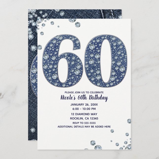 Invitación Denim & Diamonds Bling Sparkle 60TH 60 Cumpleaños (Anverso / Reverso)
