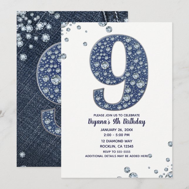 Invitación Denim & Diamonds Bling Sparkle 9 Cumpleaños nueve (Anverso / Reverso)