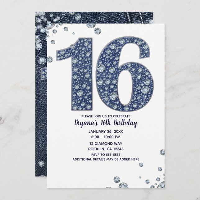 Invitación Denim & Diamonds Bling Sparkle Sweet 16 Cumpleaños (Anverso / Reverso)