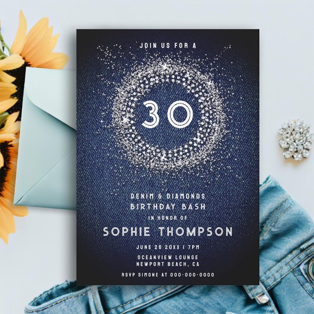 Invitación Denim Diamonds Bling Starburst 30th Birthday Fiest (denim diamonds 30th birthday party invitation for women modern elegant glitter starburst simple)