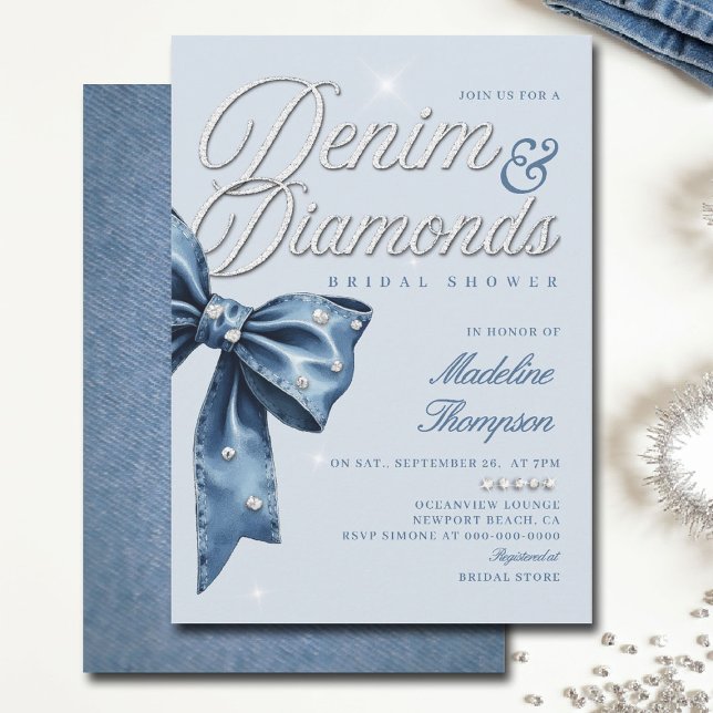 Invitación Denim Diamonds Blue Bow Moda Glam Bridal Shower (denim and diamonds bridal shower ideas invitation elegant bow classy script blue white template)