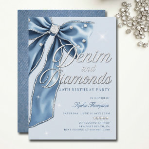 Invitación Denim Diamonds Blue Bow Script 30 cumpleaños Fiest