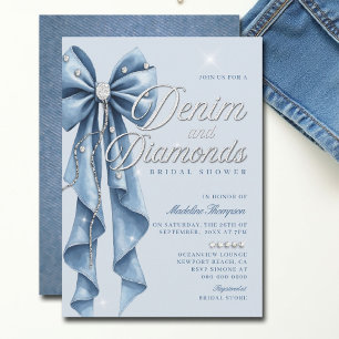 Invitación Denim Diamonds Blue Bow Script Glam Bridal Shower