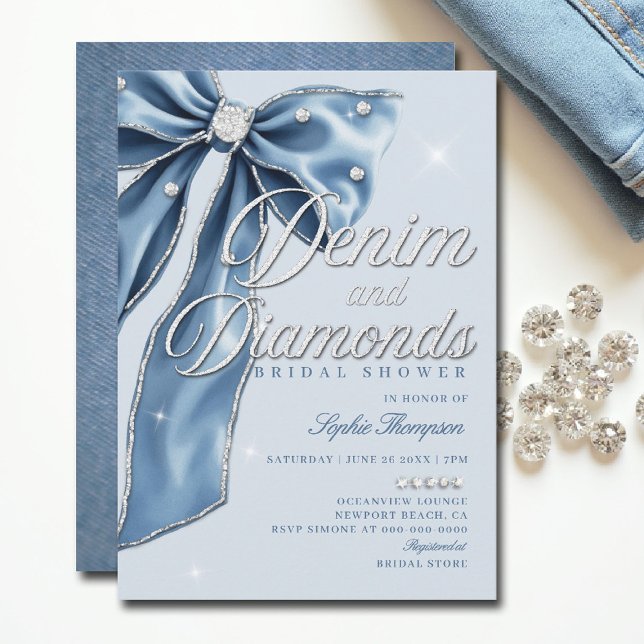 Invitación Denim Diamonds Blue Bow Script Moda Bridal Shower (denim and diamonds bridal shower ideas elegant bow classy bling script blue white template)