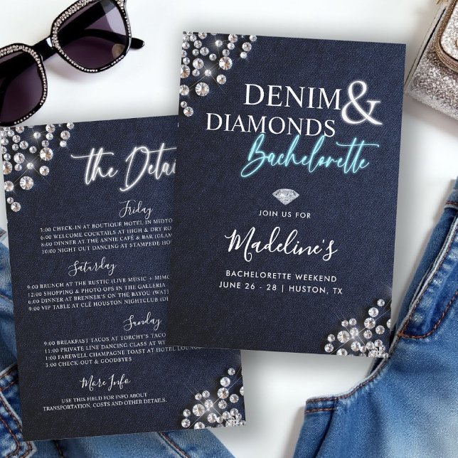 Invitación Denim Diamonds Blue White Bachelorette Itinerary (denim diamonds bachelorette party itinerary invitation glowing calligraphy modern classy stylish)