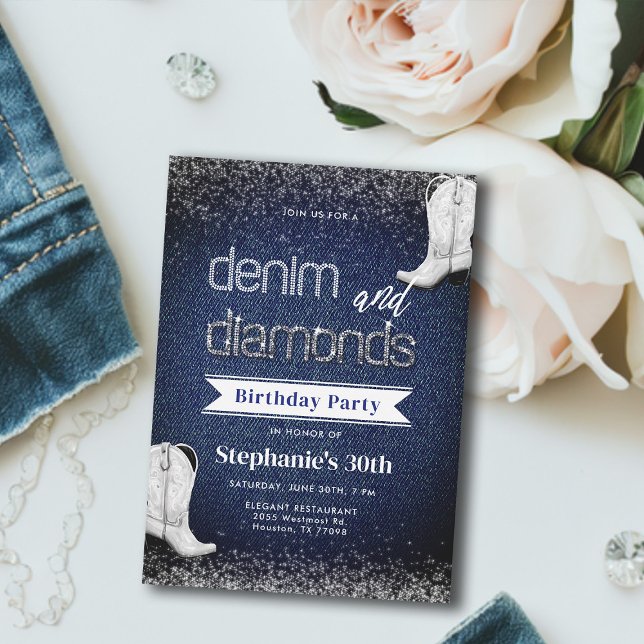 Invitación Denim Diamonds Blue White Boots Moda 30 cumpleaños (denim and diamonds birthday invitation cowgirl boots white blue elegant classy modern glitz bling)