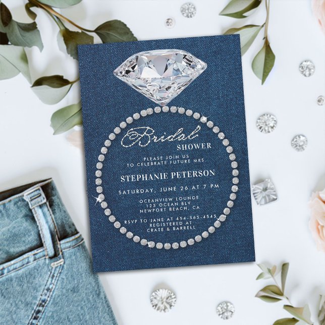 Invitación Denim Diamonds Boda Ring Elegant Bridal Shower (denim and diamonds bridal shower invitation big sparkler ring classy stylish chic modern romantic)