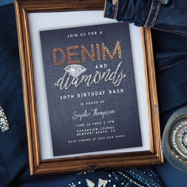 Invitación Denim Diamonds Brass Diamantes de imitación Fiesta (Elegant Denim and Diamonds 30th Birthday Party Invitation Simple Modern Classy)