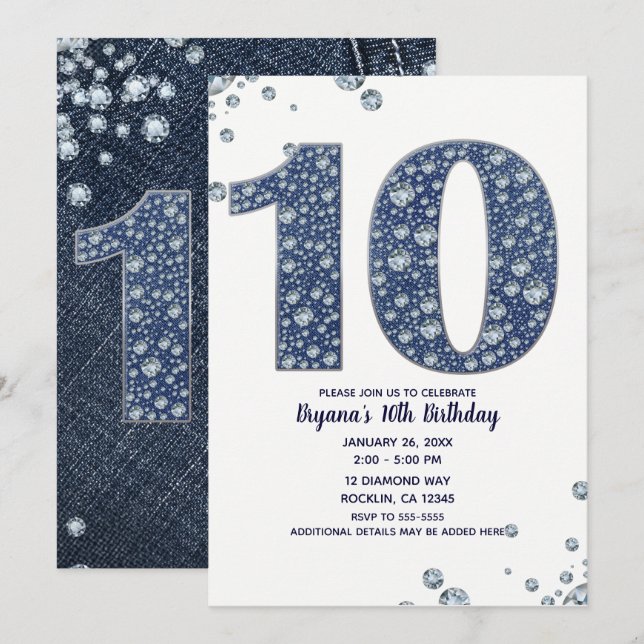 Invitación Denim & Diamonds Brillo Brillante 10º 10 Cumpleaño (Anverso / Reverso)