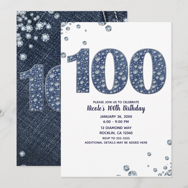 Invitación Denim & Diamonds Brillo Brillante 100 cumpleaños 1 (Anverso / Reverso)