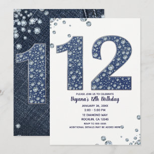 Invitación Denim & Diamonds Brillo Brillante 12 cumpleaños 12
