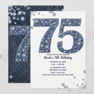 Invitación Denim & Diamonds Brillo Brillante 75 cumpleaños 75
