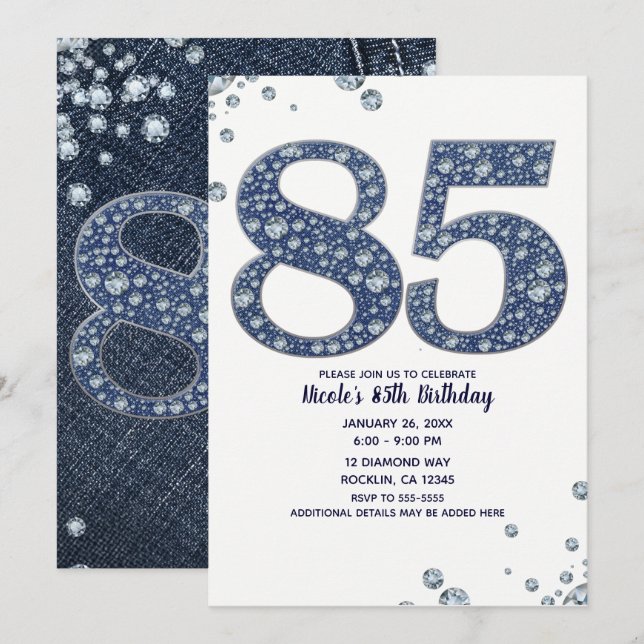 Invitación Denim & Diamonds Brillo Brillante 85 cumpleaños 85 (Anverso / Reverso)