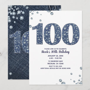 Invitación Denim & Diamonds Brillo de Purpurina 100 cumpleaño