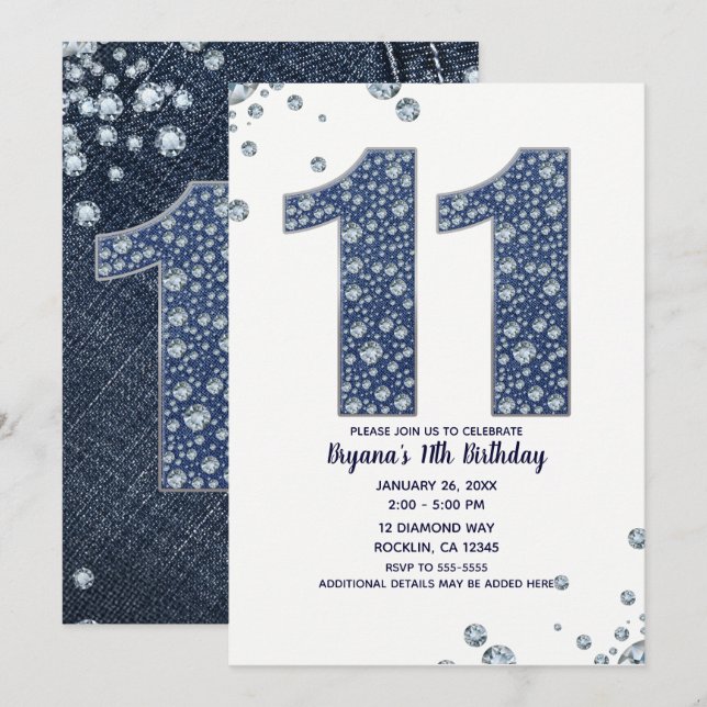 Invitación Denim & Diamonds Brillo de Purpurina 11 cumpleaños (Anverso / Reverso)
